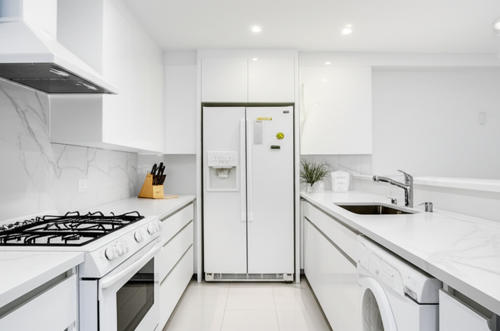 white kitchen with white appliances